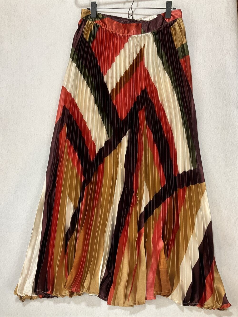 Pleated A Line Maxi Skirt Jewel Tone Geo Print Stretch Waist Boho Academia L